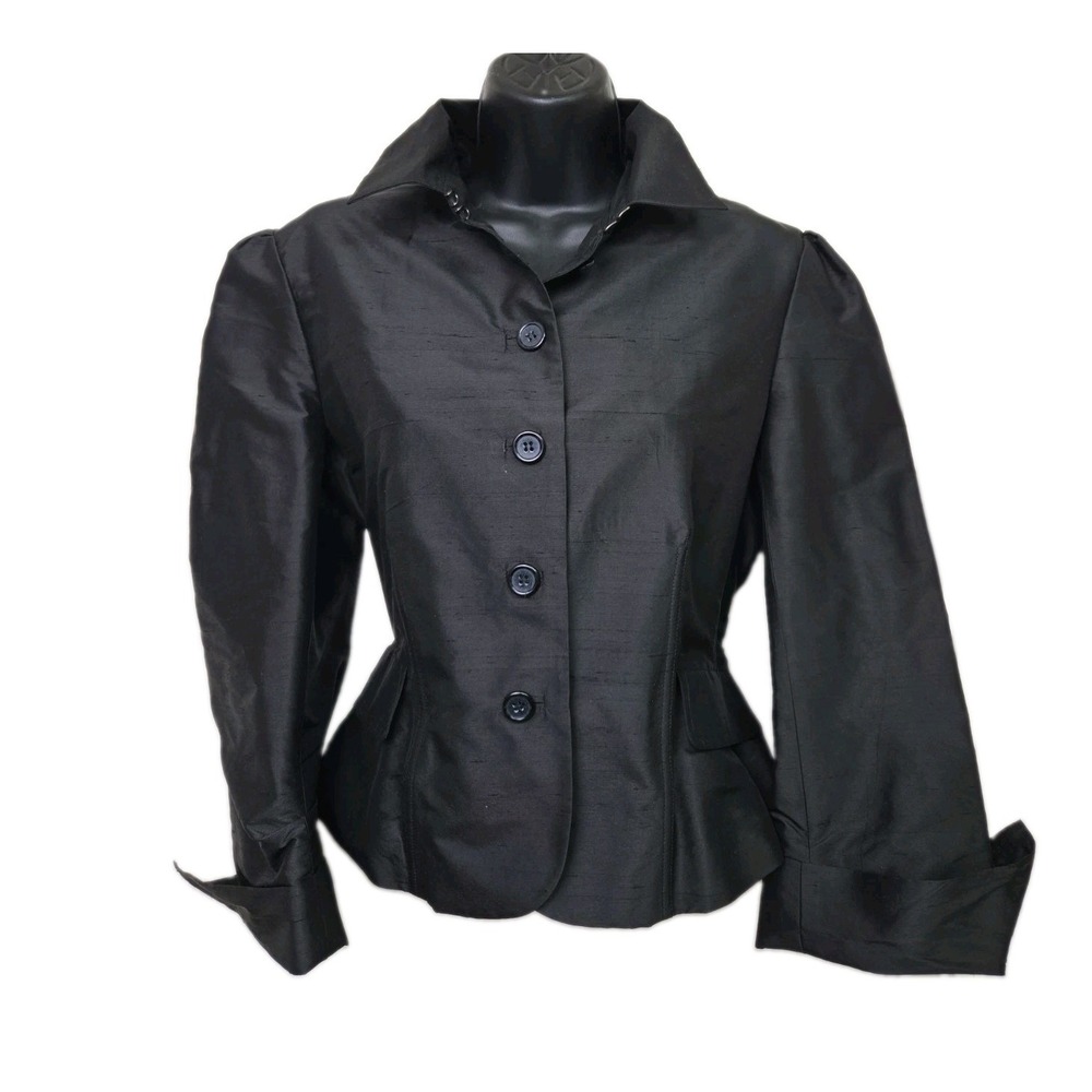 Tyler Boe 100% Silk Formal Jacket Black Slub 3/4 Sleeves Boning Buttons Size 8